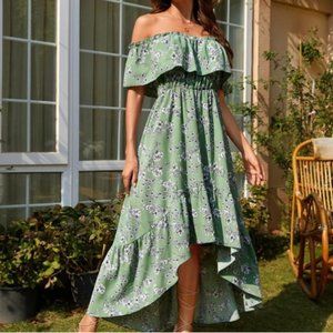 Off Shoulder Floral Print Ruffle High Low Dress